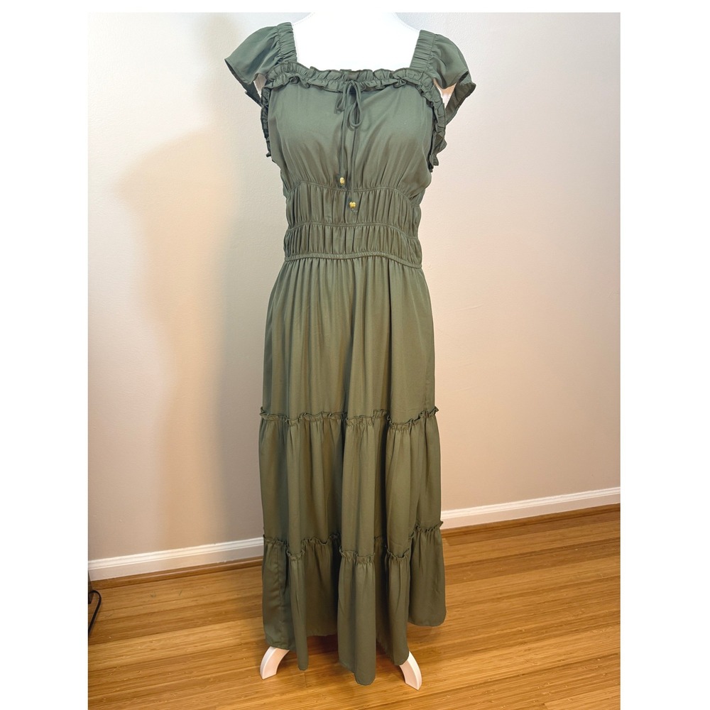 New Glory Maxi Dress XL Green Smocked Tiered Flutter Sleeve Boho Peasant Cottage